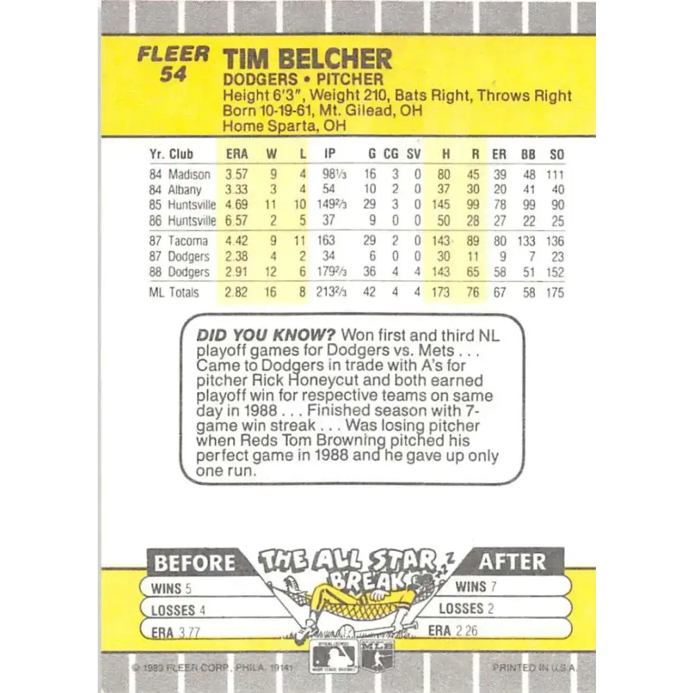 1989 Fleer #54 Tim Belcher EX Excellent Los Angeles Dodgers Baseball Card - Baseball Card Single