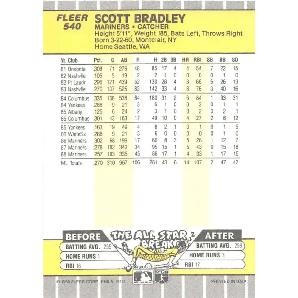 1989 Fleer #540 Scott Bradley EX Excellent Seattle Mariners Baseball Card - Baseball Card Single