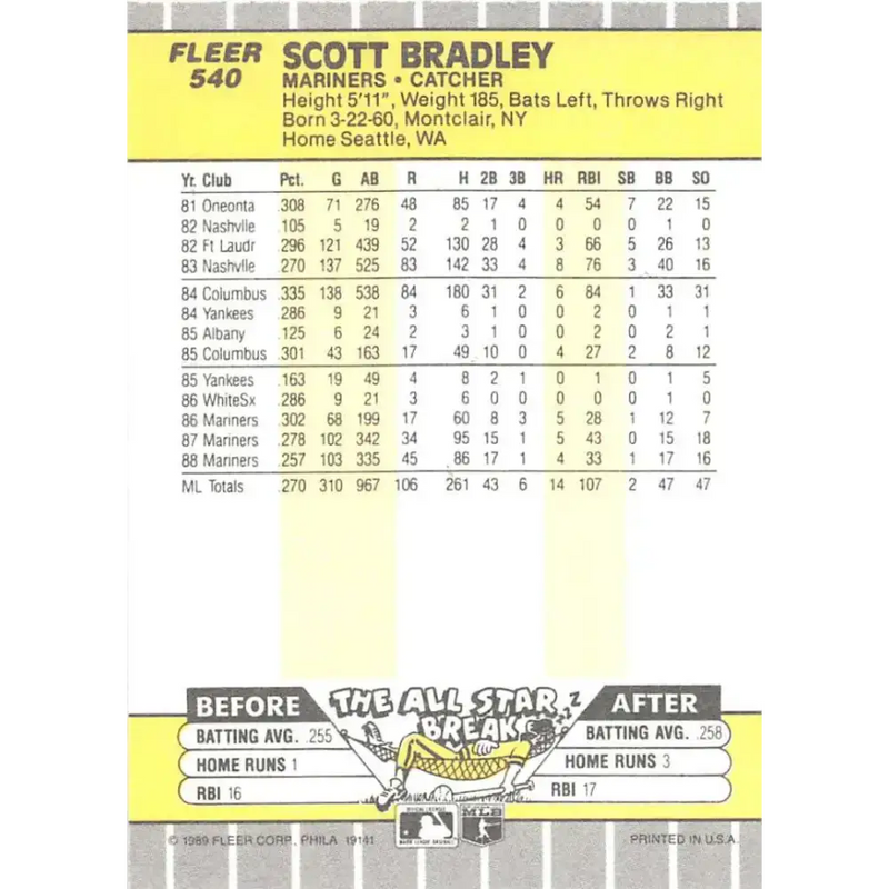 1989 Fleer #540 Scott Bradley EX Excellent Seattle Mariners Baseball Card - Baseball Card Single