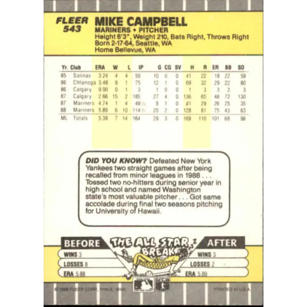 1989 Fleer #543 Mike Campbell EX Excellent Seattle Mariners Baseball Card - Baseball Card Single