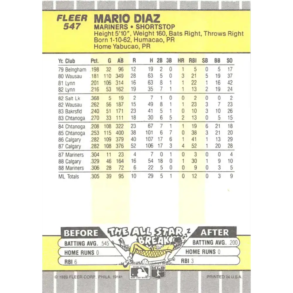 1989 Fleer #547 Mario Diaz EX Excellent Seattle Mariners Baseball Card - Baseball Card Single