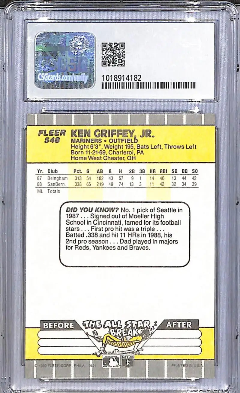 1989 Fleer #548 Ken Griffey Jr. CSG 8.5 Seattle Mariners - Baseball Card Single