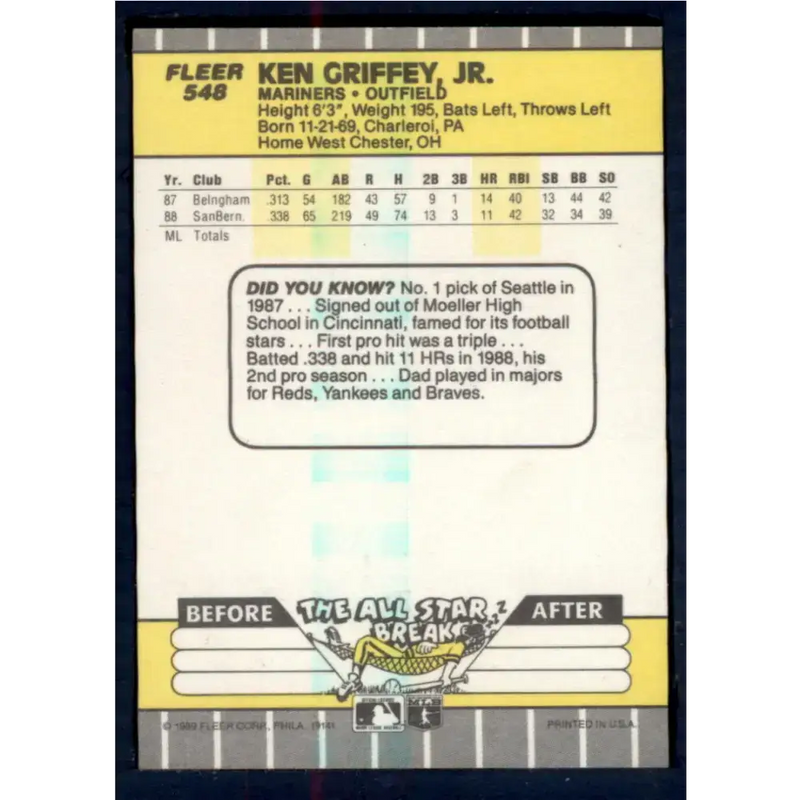 1989 Fleer #548 Ken Griffey Jr. EX Excellent RC Rookie Seattle Mariners Baseball Card - Baseball Card Single