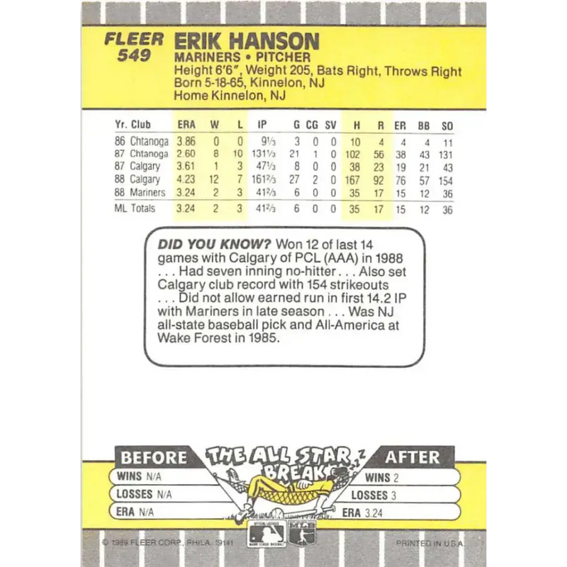 1989 Fleer #549 Erik Hanson EX Excellent RC Rookie Seattle Mariners Baseball Card - Baseball Card Single