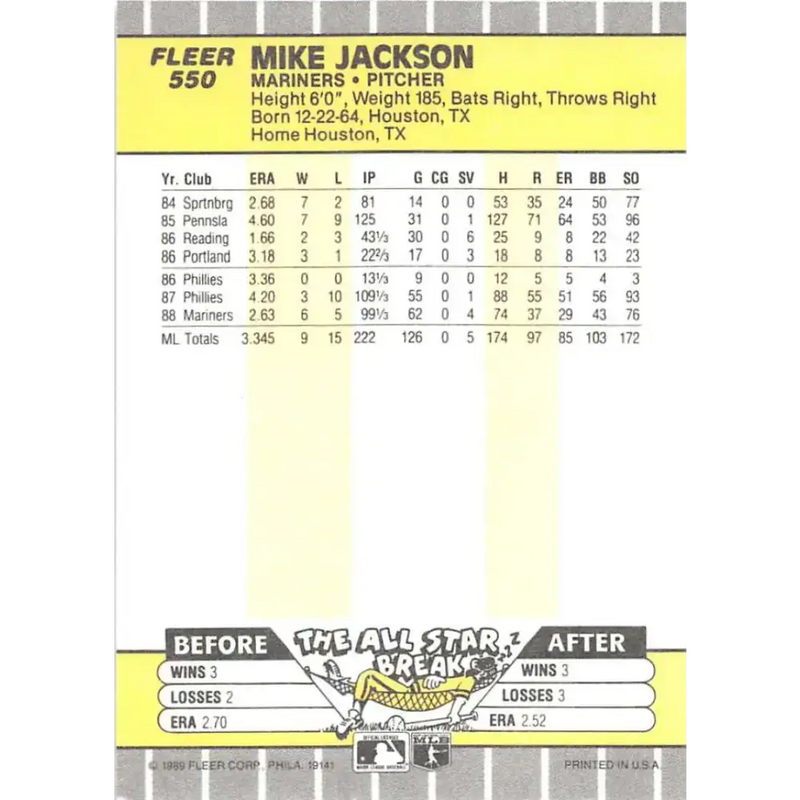 1989 Fleer #550 Mike Jackson EX Excellent Seattle Mariners Baseball Card - Baseball Card Single