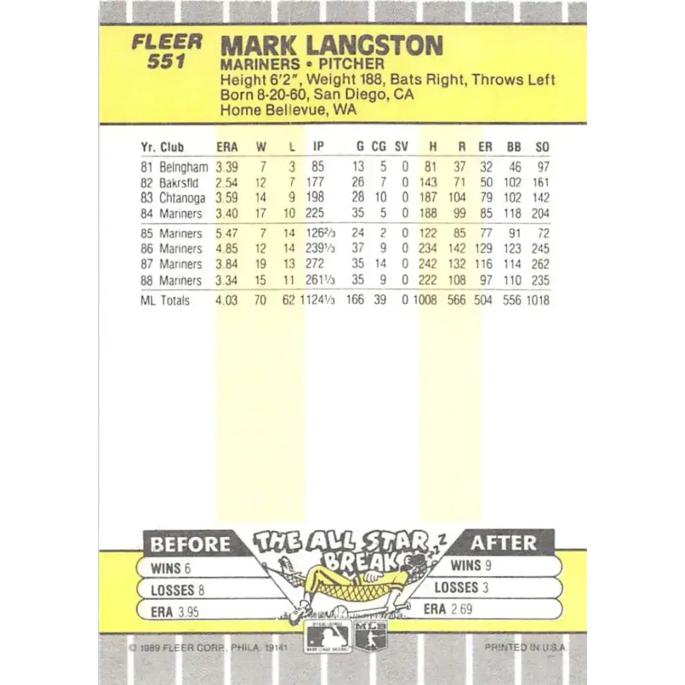 1989 Fleer #551 Mark Langston EX Excellent Seattle Mariners Baseball Card - Baseball Card Single