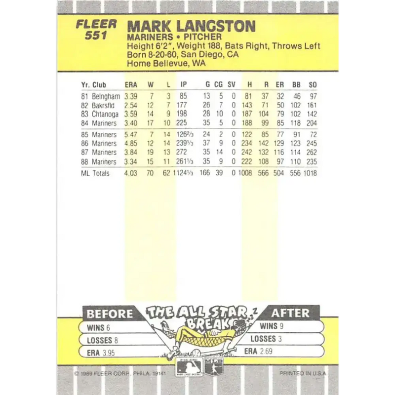 1989 Fleer #551 Mark Langston EX Excellent Seattle Mariners Baseball Card - Baseball Card Single