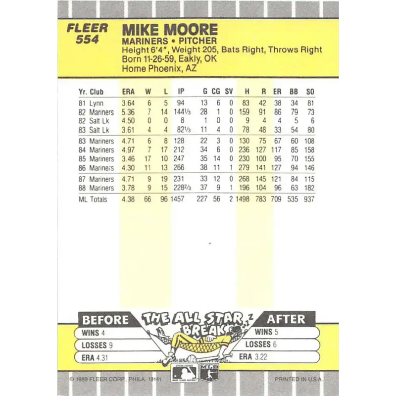 1989 Fleer #554 Mike Moore EX Excellent Seattle Mariners Baseball Card - Baseball Card Single