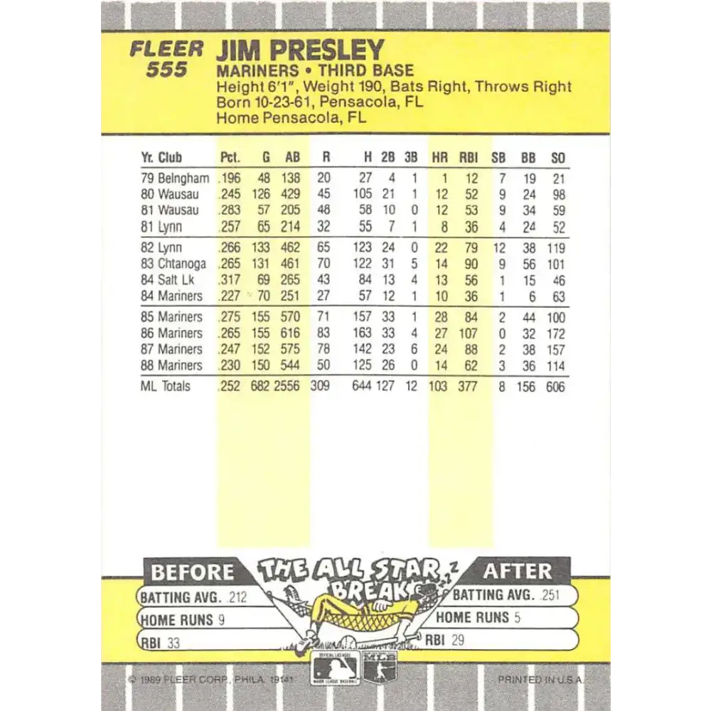 1989 Fleer #555 Jim Presley EX Excellent Seattle Mariners Baseball Card - Baseball Card Single