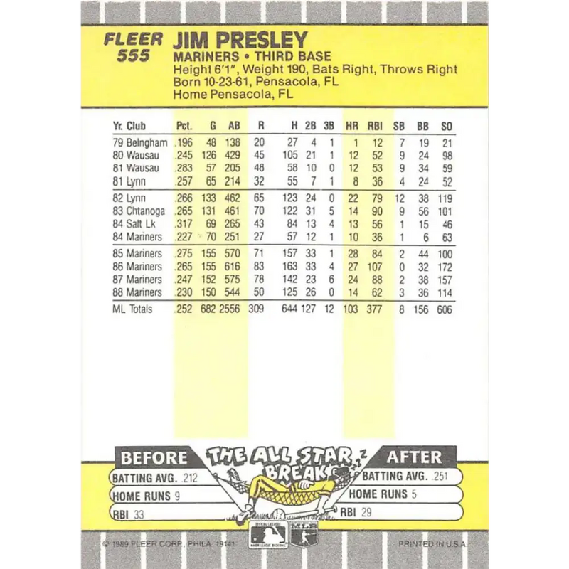 1989 Fleer #555 Jim Presley EX Excellent Seattle Mariners Baseball Card - Baseball Card Single