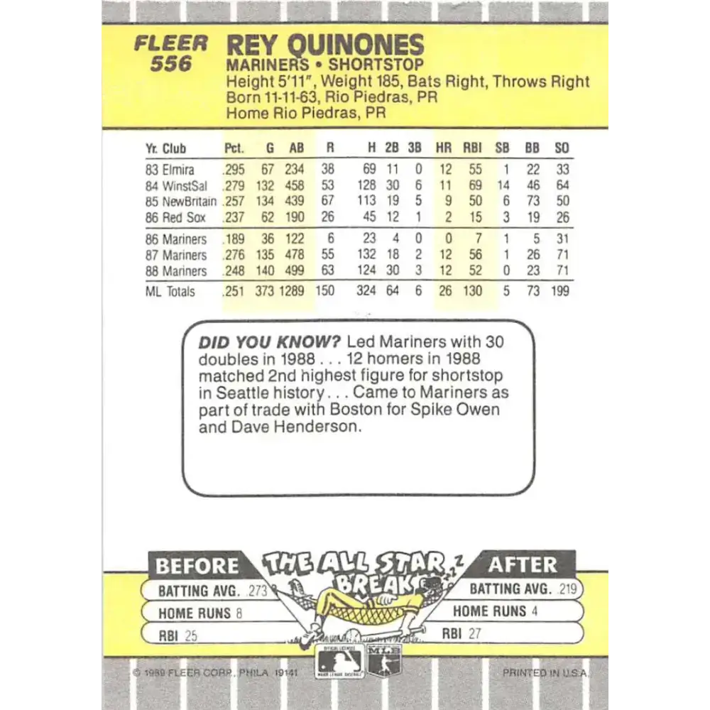 1989 Fleer #556 Rey Quinones EX Excellent Seattle Mariners Baseball Card - Baseball Card Single