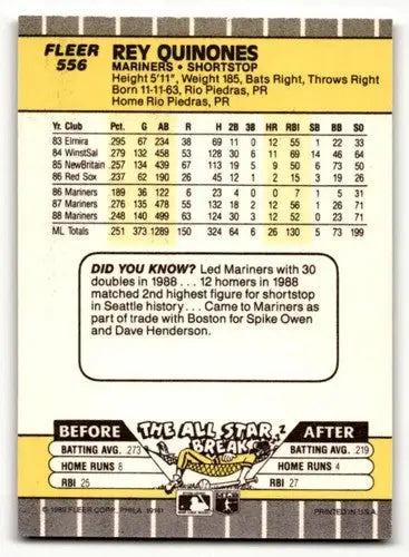 Original gloss Rey Quinones Seattle Mariners baseball card from 1989 Fleer #556