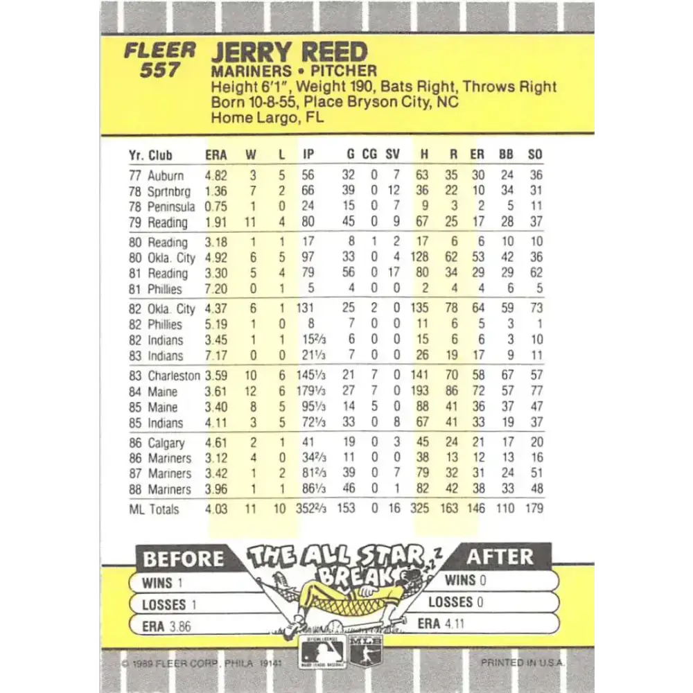 1989 Fleer #557 Jerry Reed EX Excellent Seattle Mariners Baseball Card - Baseball Card Single