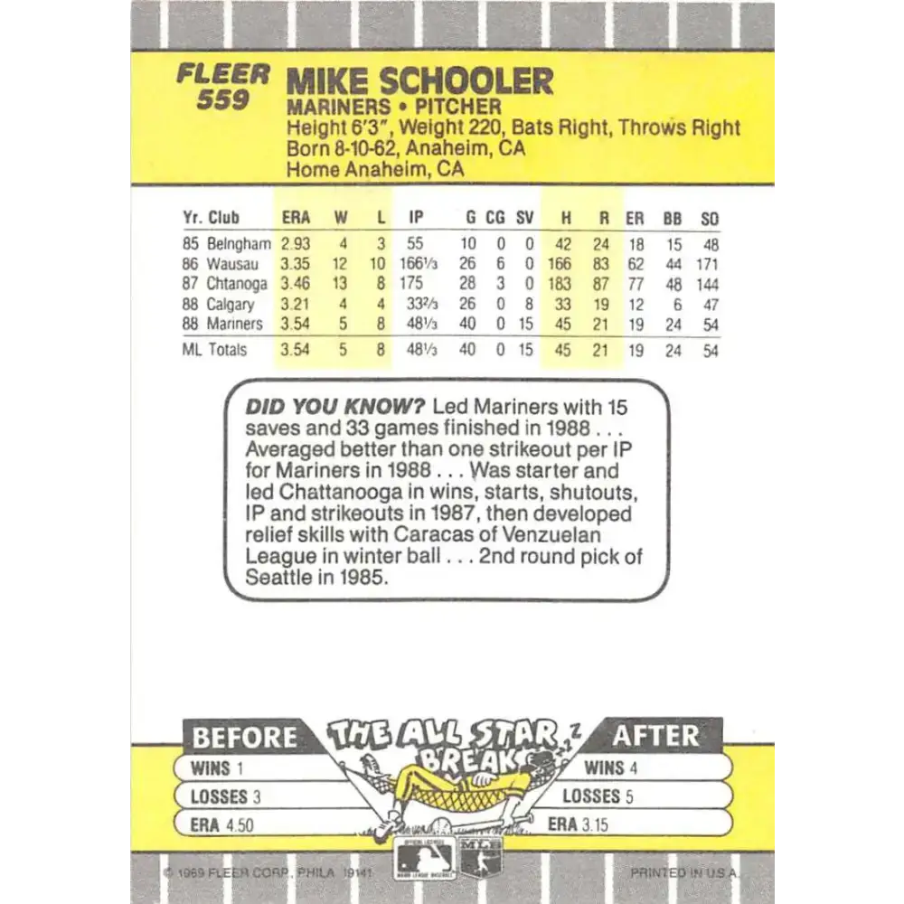 1989 Fleer #559 Mike Schooler EX Excellent Seattle Mariners Baseball Card - Baseball Card Single