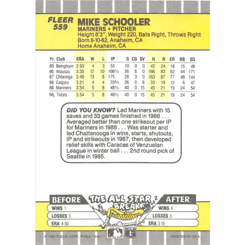 1989 Fleer #559 Mike Schooler EX Excellent Seattle Mariners Baseball Card - Baseball Card Single