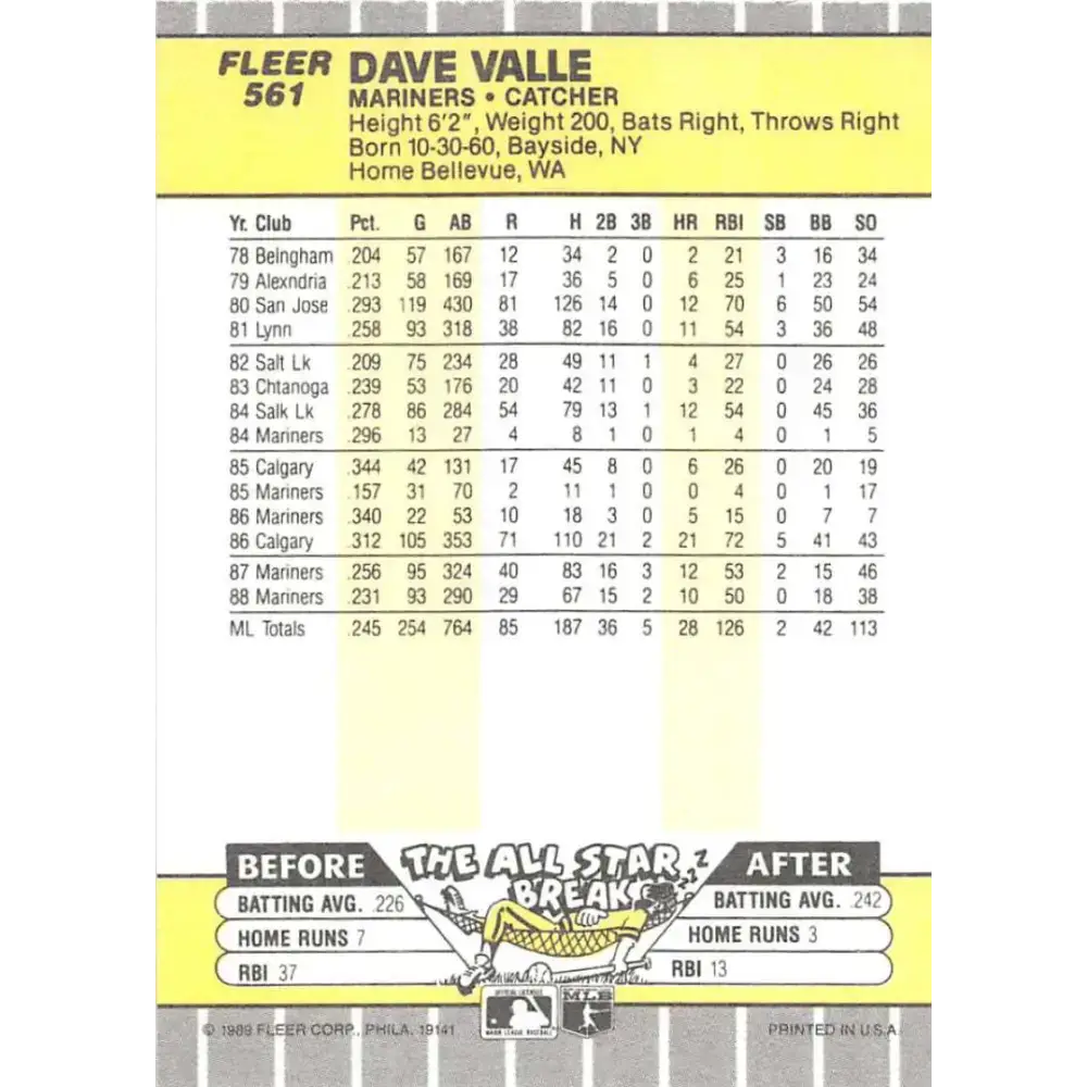 1989 Fleer #561 Dave Valle EX Excellent Seattle Mariners Baseball Card - Baseball Card Single