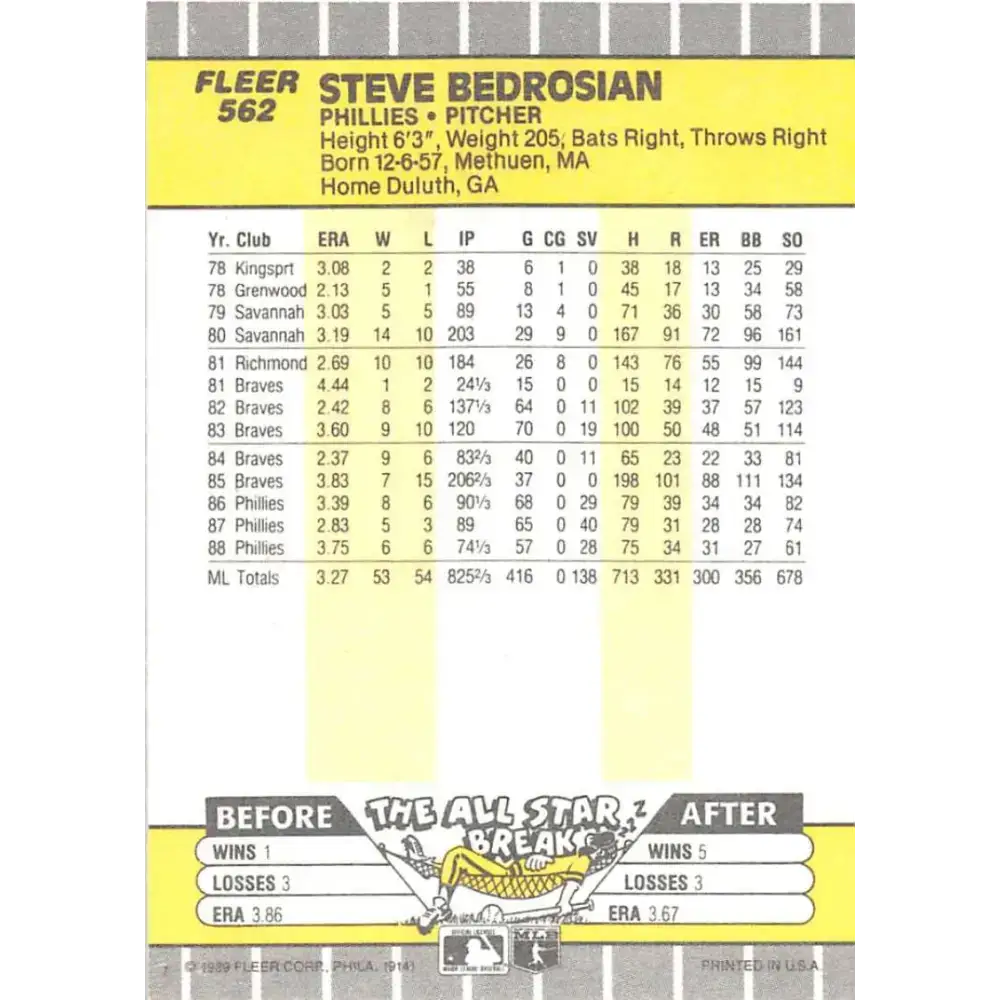 1989 Fleer #562 Steve Bedrosian EX Excellent Philadelphia Phillies Baseball Card