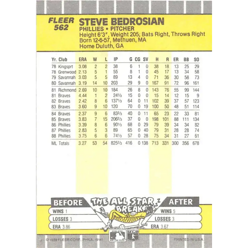 1989 Fleer #562 Steve Bedrosian EX Excellent Philadelphia Phillies Baseball Card