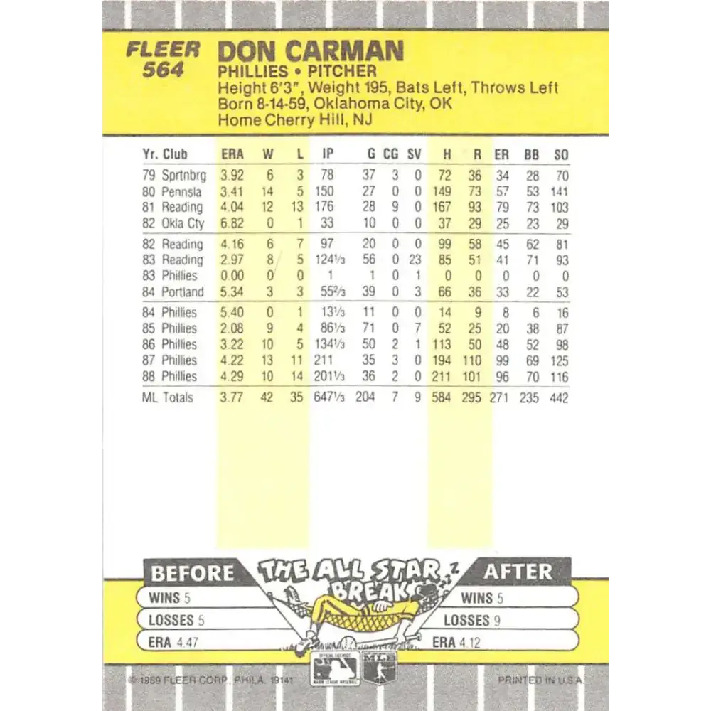 1989 Fleer #564 Don Carman EX Excellent Philadelphia Phillies Baseball Card - Baseball Card Single
