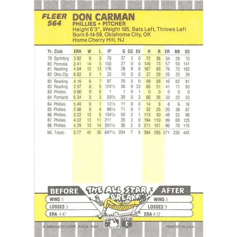 1989 Fleer #564 Don Carman EX Excellent Philadelphia Phillies Baseball Card - Baseball Card Single