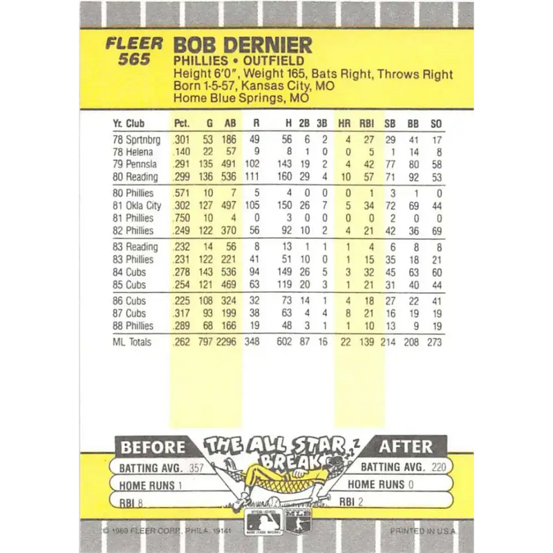 1989 Fleer #565 Bob Dernier EX Excellent Philadelphia Phillies Baseball Card - Baseball Card Single
