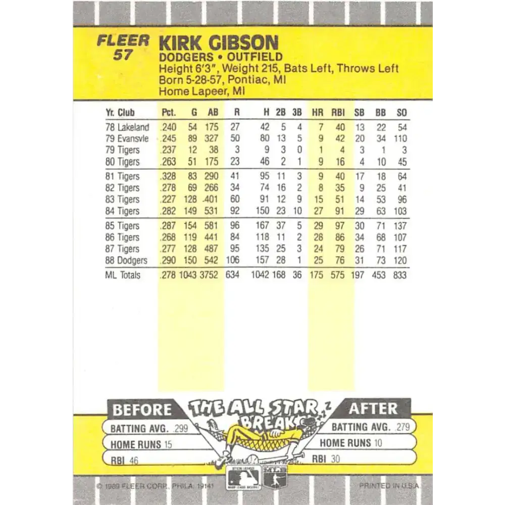 1989 Fleer #57 Kirk Gibson EX Excellent Los Angeles Dodgers Baseball Card - Baseball Card Single