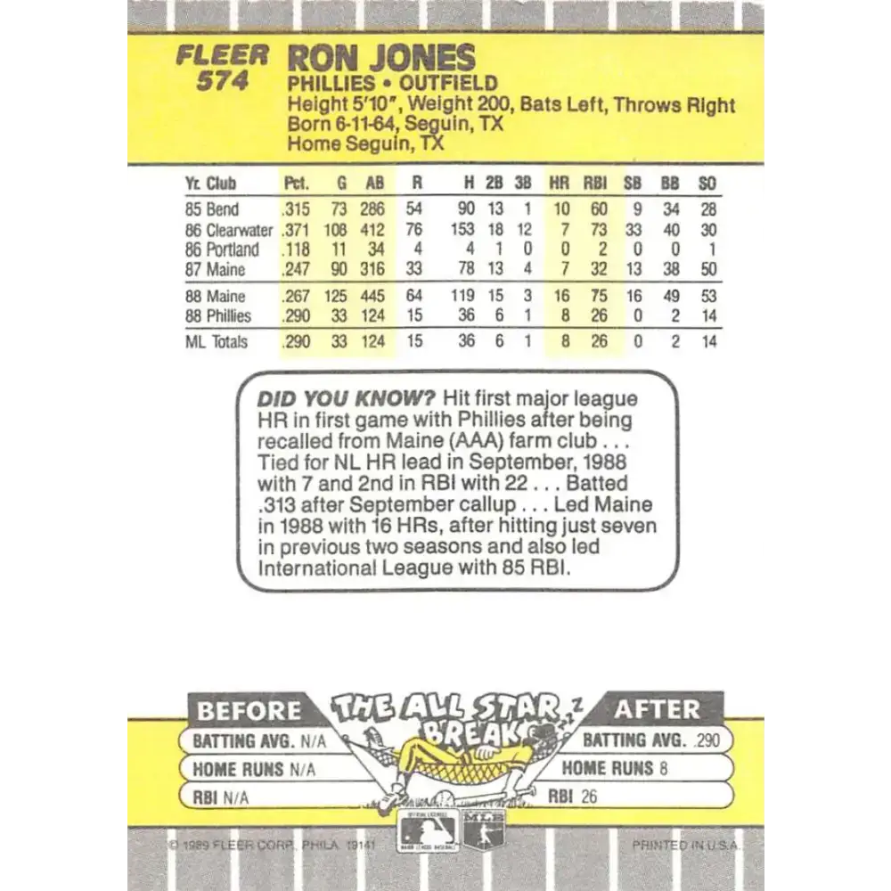 1989 Fleer #574 Ron Jones EX Excellent RC Rookie Philadelphia Phillies Baseball Card - Baseball Card Single
