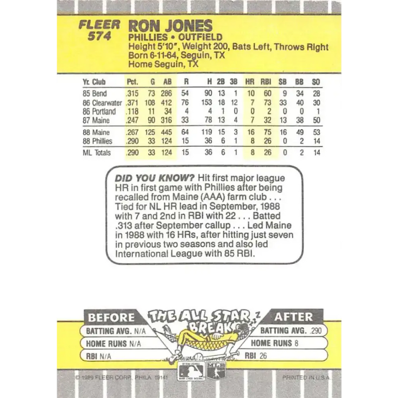 1989 Fleer #574 Ron Jones EX Excellent RC Rookie Philadelphia Phillies Baseball Card - Baseball Card Single