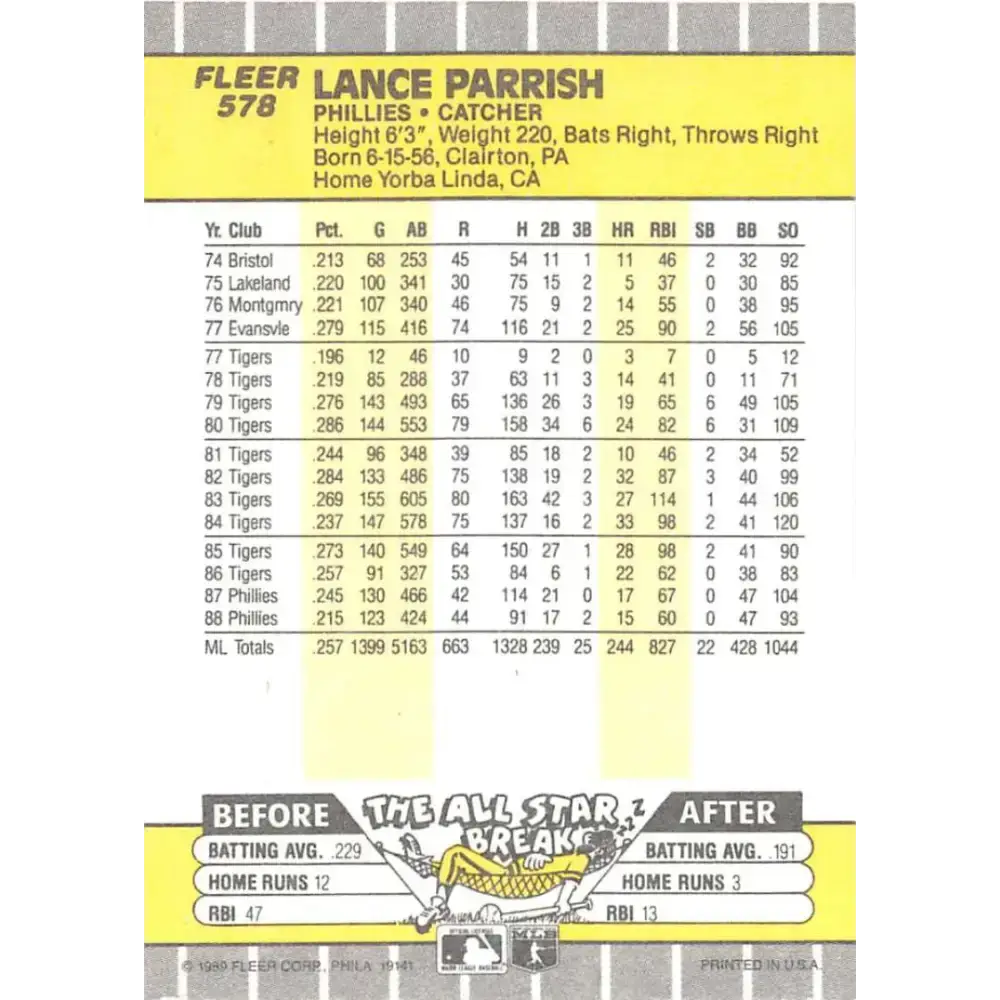 1989 Fleer #578 Lance Parrish EX Excellent Philadelphia Phillies Baseball Card - Baseball Card Single