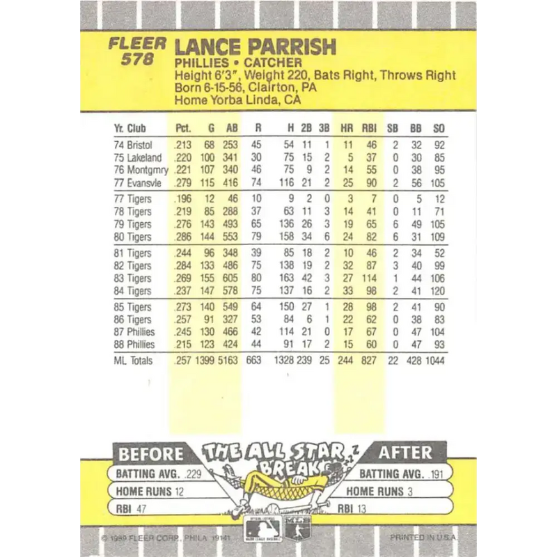 1989 Fleer #578 Lance Parrish EX Excellent Philadelphia Phillies Baseball Card - Baseball Card Single
