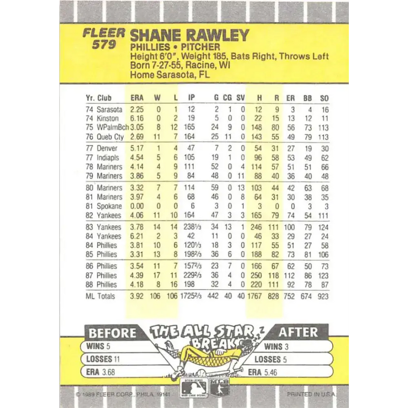 1989 Fleer #579 Shane Rawley EX Excellent Philadelphia Phillies Baseball Card - Baseball Card Single