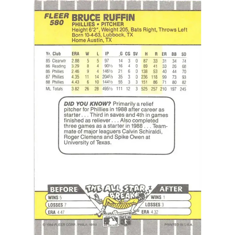 1989 Fleer #580 Bruce Ruffin EX Excellent Philadelphia Phillies Baseball Card - Baseball Card Single