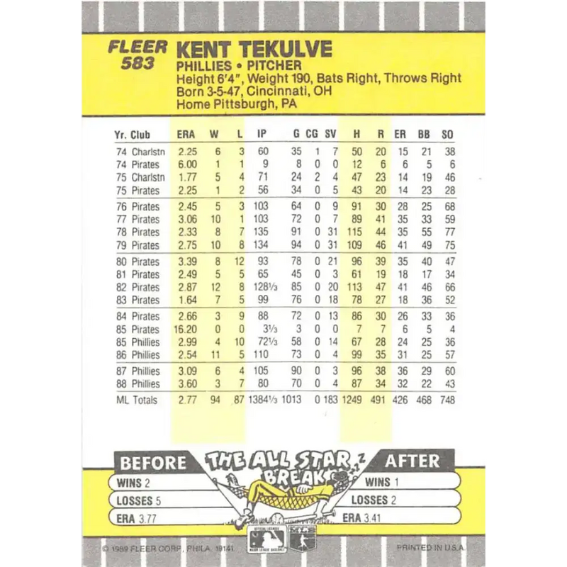 1989 Fleer #583 Kent Tekulve EX Excellent Philadelphia Phillies Baseball Card - Baseball Card Single