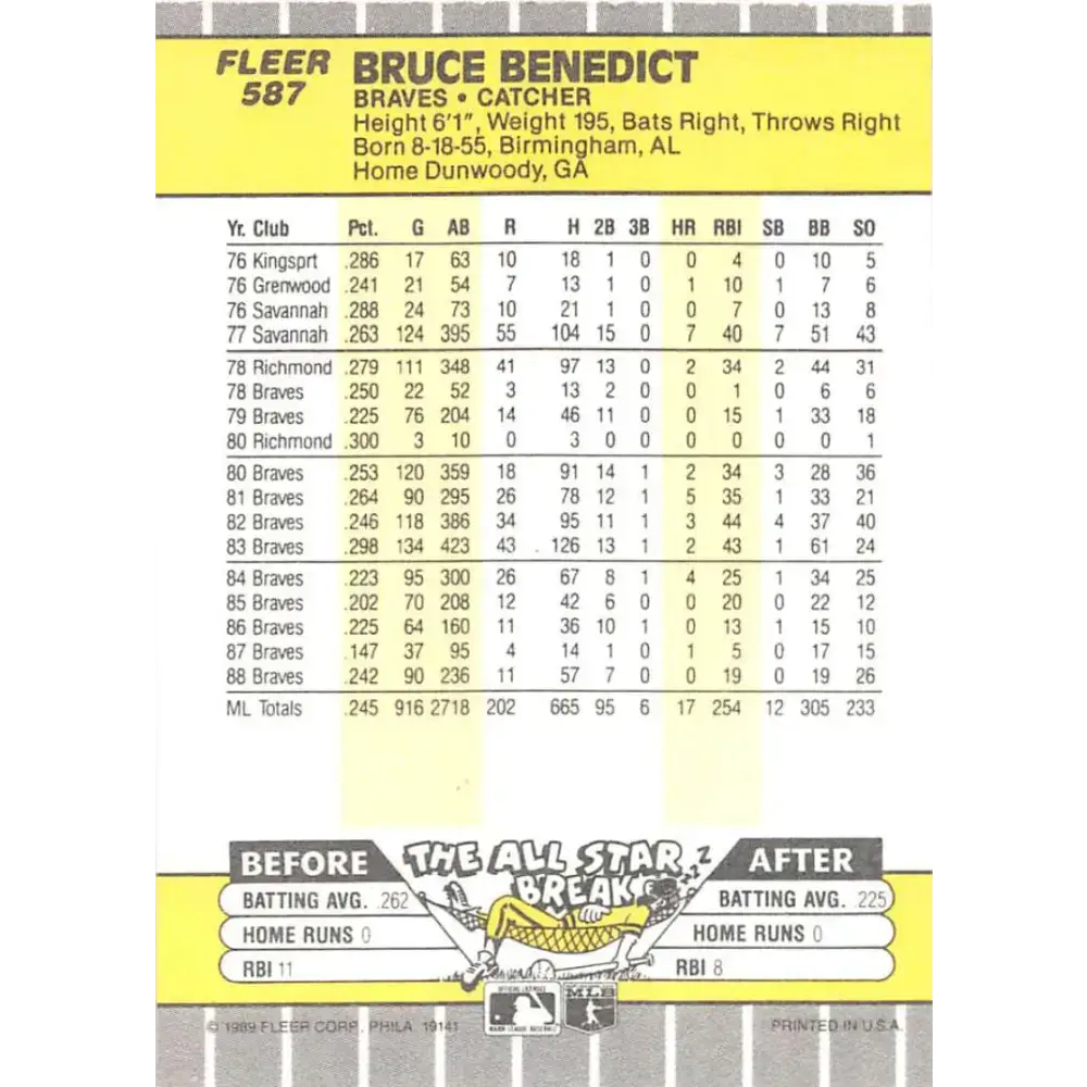 1989 Fleer #587 Bruce Benedict EX Excellent Atlanta Braves Baseball Card - Baseball Card Single