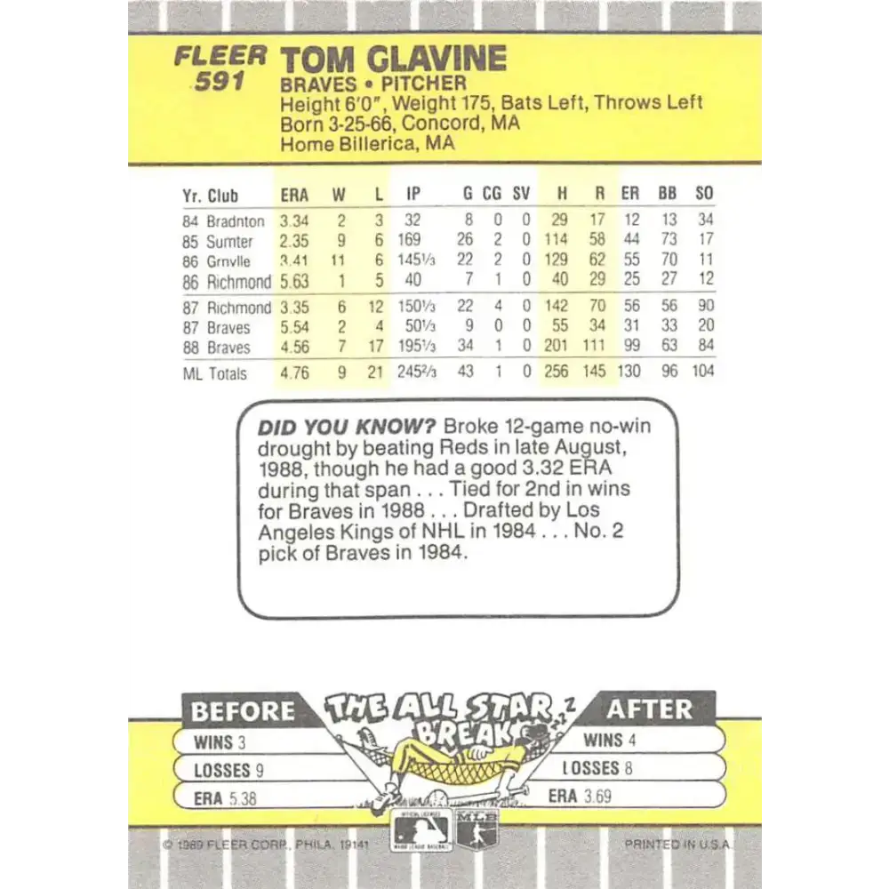 1989 Fleer #591 Tom Glavine EX Excellent Atlanta Braves Baseball Card - Baseball Card Single