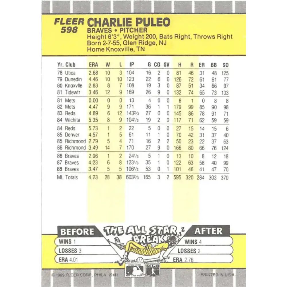 1989 Fleer #598 Charlie Puleo EX Excellent Atlanta Braves Baseball Card - Baseball Card Single