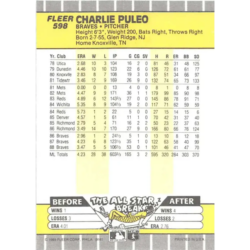 1989 Fleer #598 Charlie Puleo EX Excellent Atlanta Braves Baseball Card - Baseball Card Single