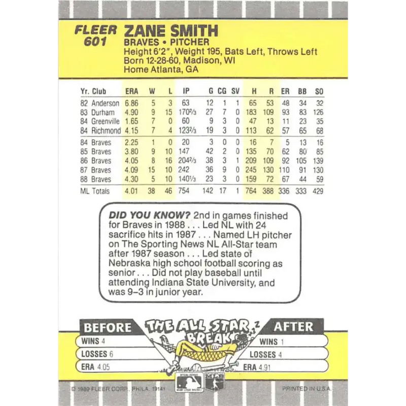 1989 Fleer #601 Zane Smith EX Excellent Atlanta Braves Baseball Card - Baseball Card Single