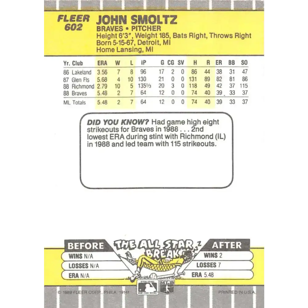 1989 Fleer #602 John Smoltz EX Excellent RC Rookie Atlanta Braves Baseball Card - Baseball Card Single