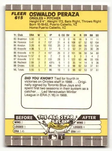 Oswaldo Peraza Baltimore Orioles 1989 Fleer baseball card front view