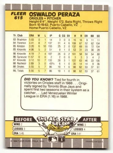 Oswaldo Peraza Baltimore Orioles baseball card from 1989 Fleer #615