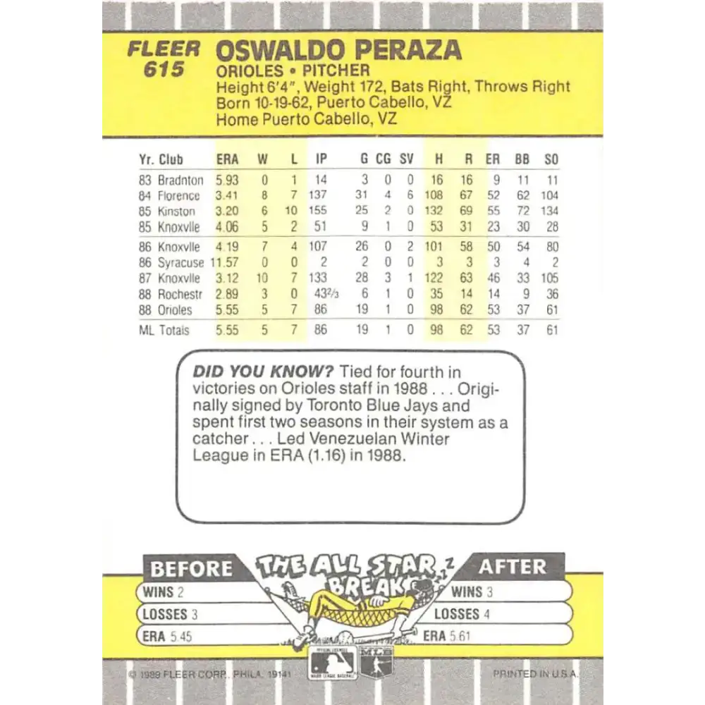 1989 Fleer #615 Oswaldo Peraza EX Excellent Baltimore Orioles Baseball Card - Baseball Card Single