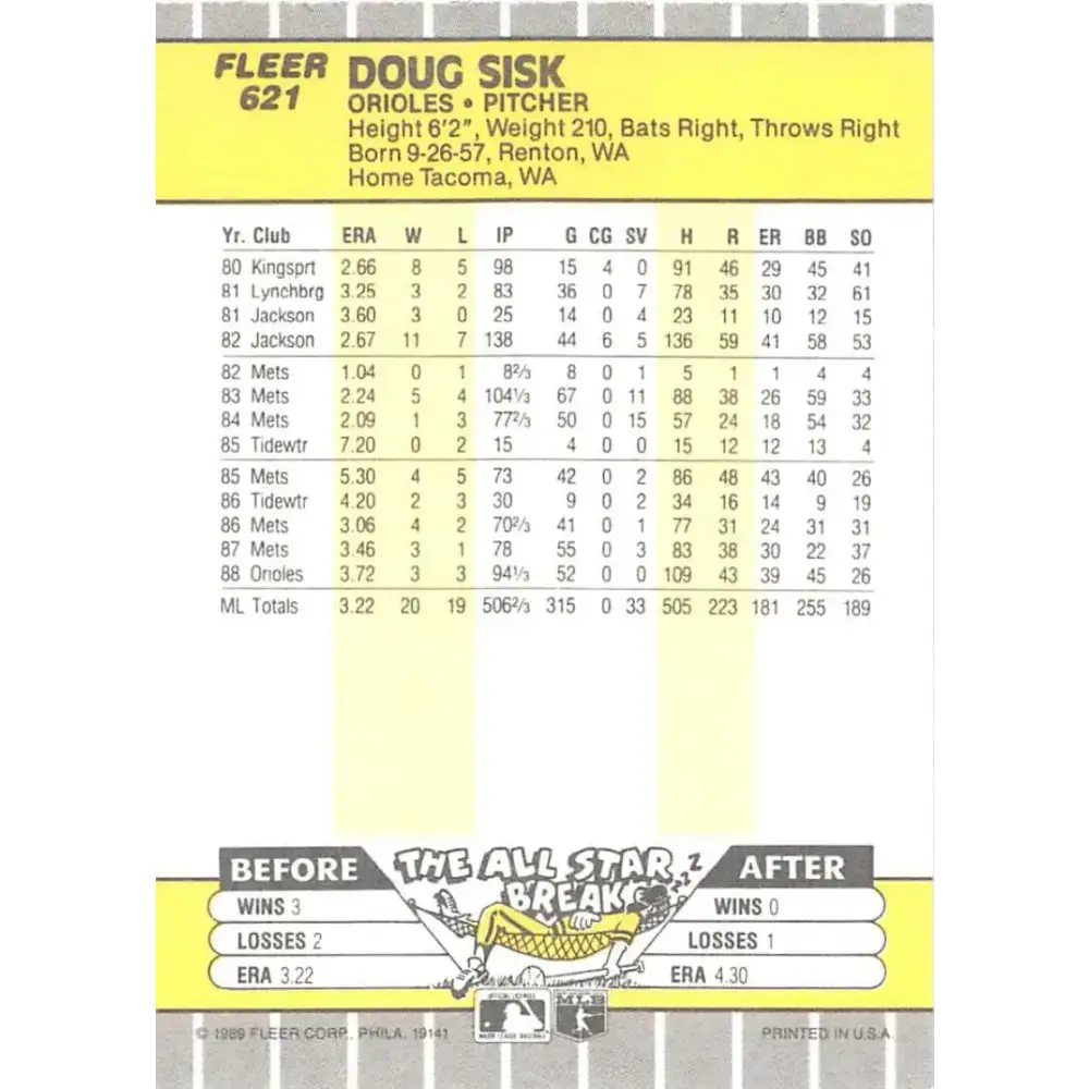 1989 Fleer #621 Doug Sisk EX Excellent Baltimore Orioles Baseball Card - Baseball Card Single
