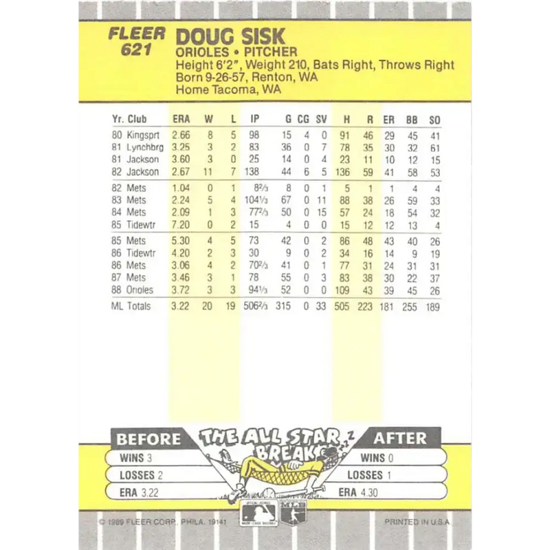 1989 Fleer #621 Doug Sisk EX Excellent Baltimore Orioles Baseball Card - Baseball Card Single