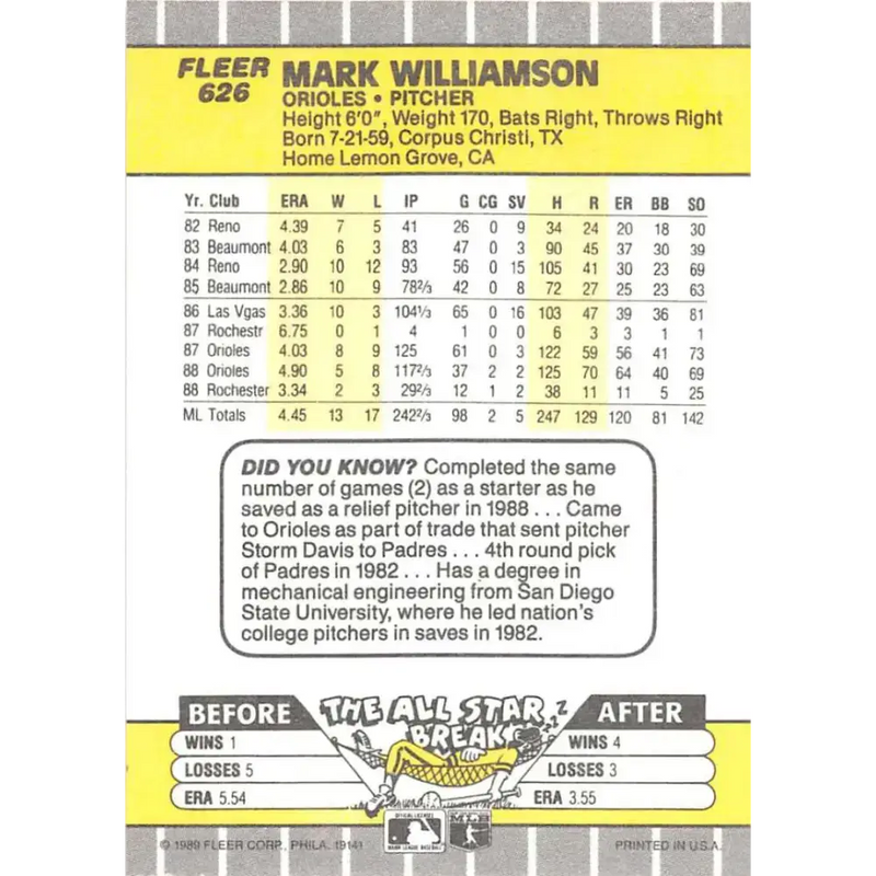 1989 Fleer #626 Mark Williamson EX Excellent Baltimore Orioles Baseball Card - Baseball Card Single