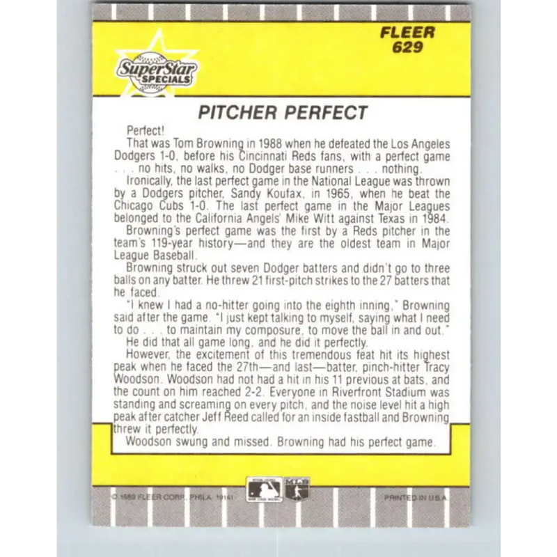 1989 Fleer #629 Tom Browning EX Excellent Cincinnati Reds Baseball Card - Baseball Card Single