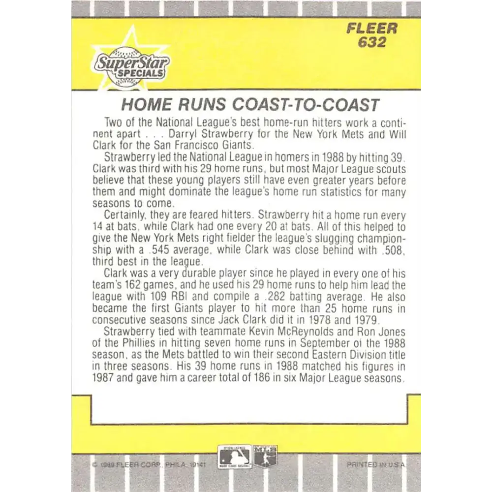 1989 Fleer #632 Will Clark/Darryl Strawberry EX Excellent New York Mets/San Francisco Giants Baseball Card - Baseball