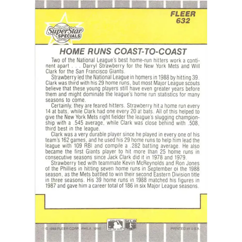 1989 Fleer #632 Will Clark/Darryl Strawberry EX Excellent New York Mets/San Francisco Giants Baseball Card - Baseball