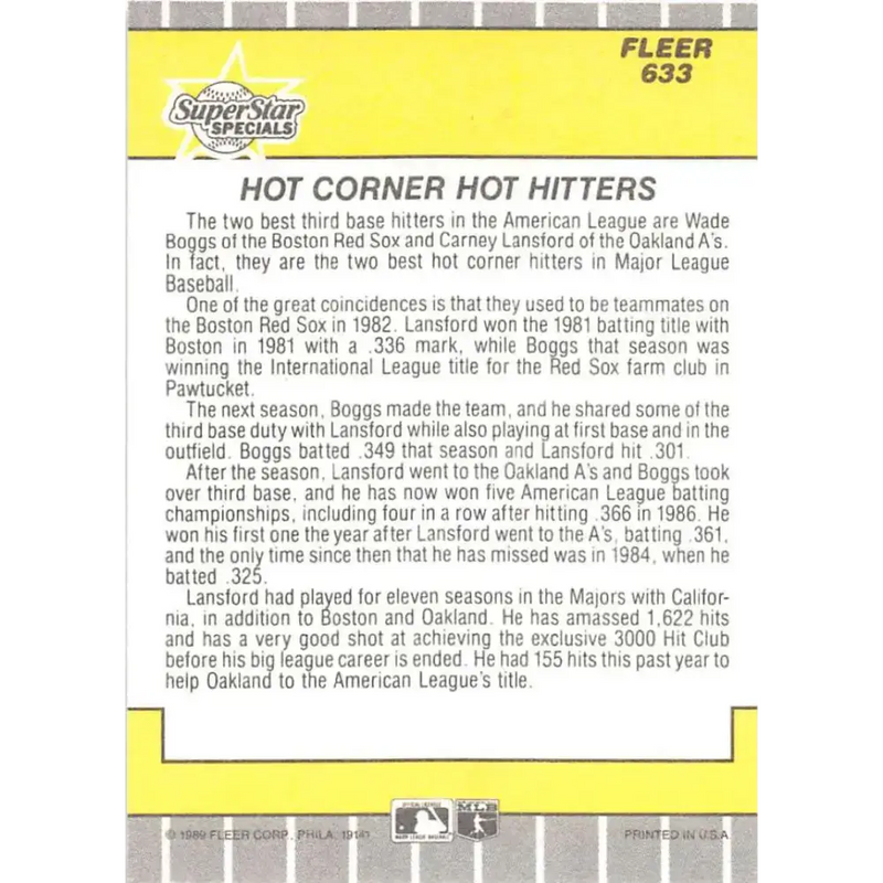 1989 Fleer #633 Wade Boggs/Carney Lansford EX Excellent Boston Red Sox/Oakland Athletics Baseball Card - Baseball Card
