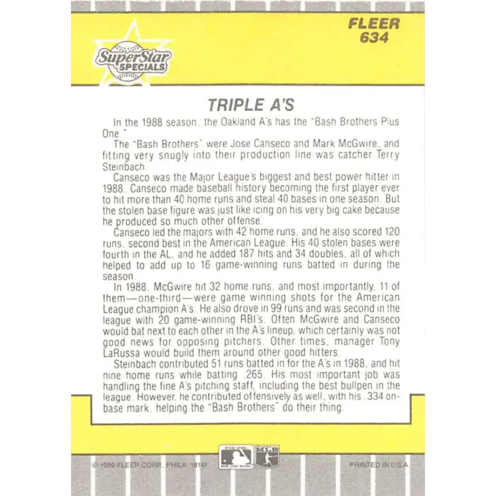 1989 Fleer #634 Jose Canseco/Terry Steinbach/Mark McGwire EX Excellent Oakland Athletics Baseball Card - Baseball Card
